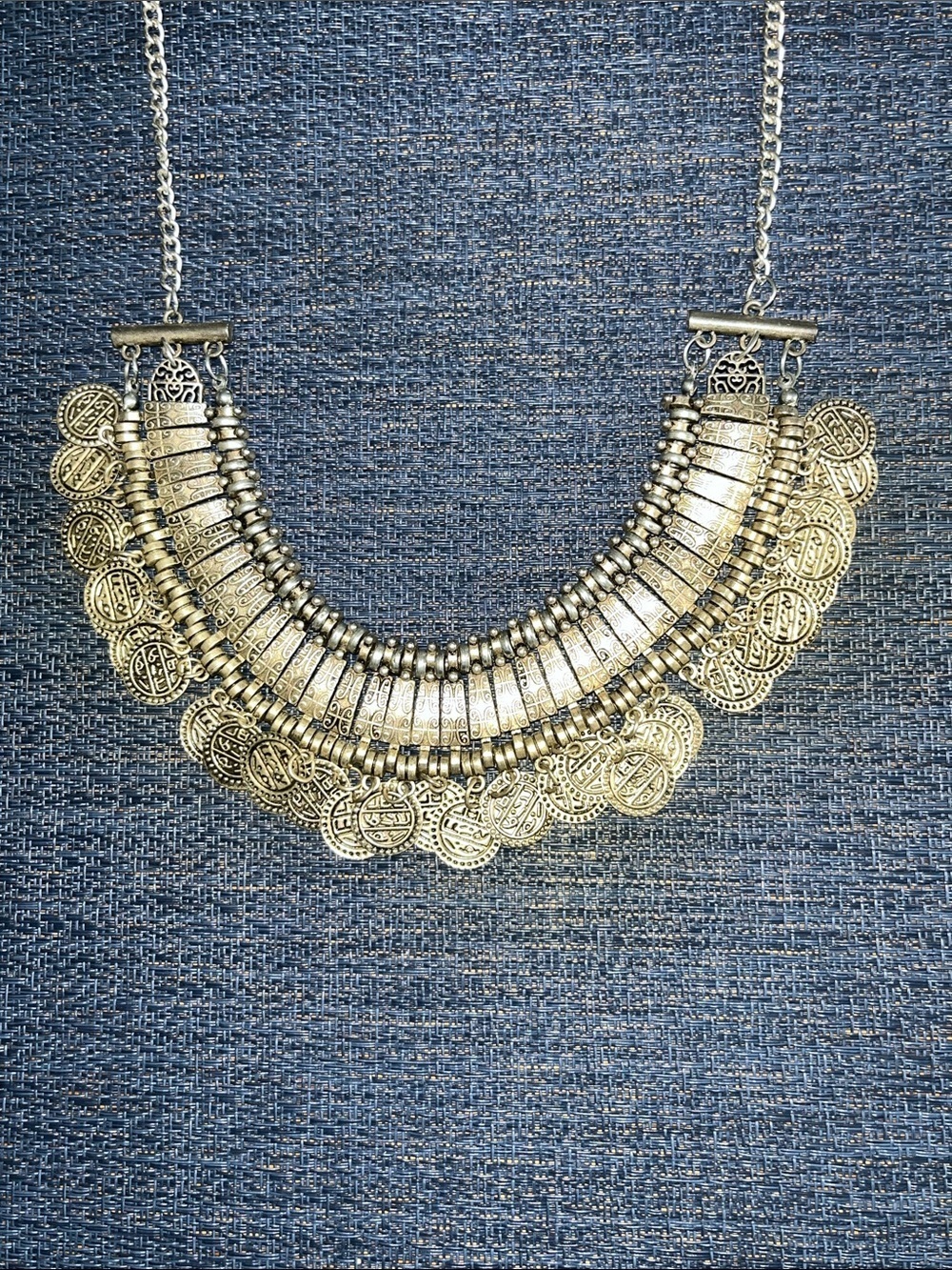 Antique Style Silver-Tone Layered Coin Statement Bib Necklace